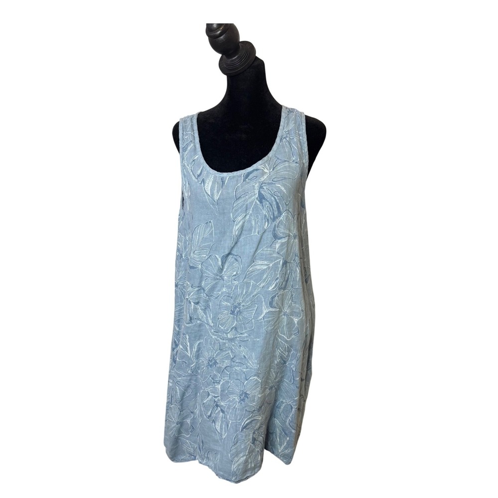 Vasna Linen Shift Dress Womens L Blue Floral Sleeveless Coastal Made in Italy